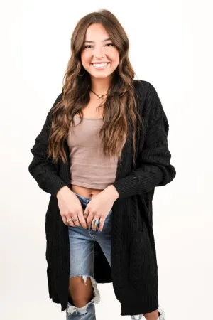 25% OFF! Be Clever Alaskan Way Cable Knit Pocket Cardigan, Black
