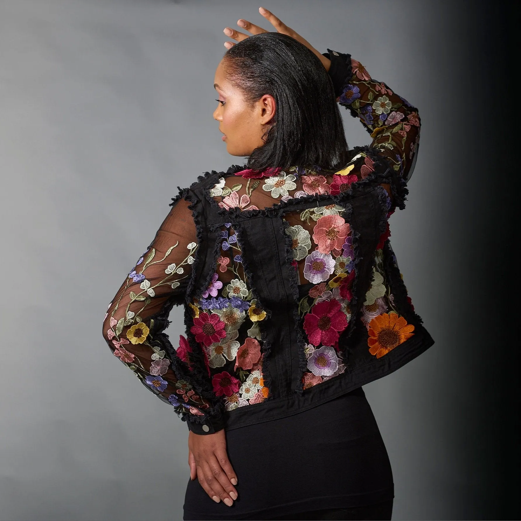 Adore, Denim Lace Jacket in 3D Floral Embroidery in Black