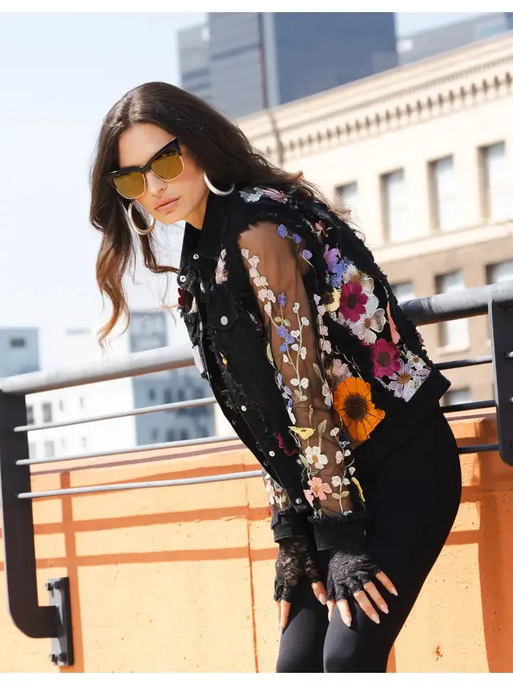 Adore, Denim Lace Jacket in 3D Floral Embroidery in Black