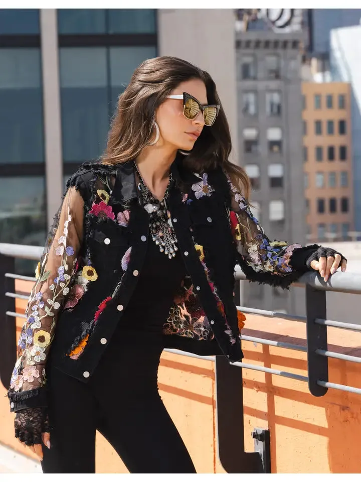 Adore, Denim Lace Jacket in 3D Floral Embroidery in Black