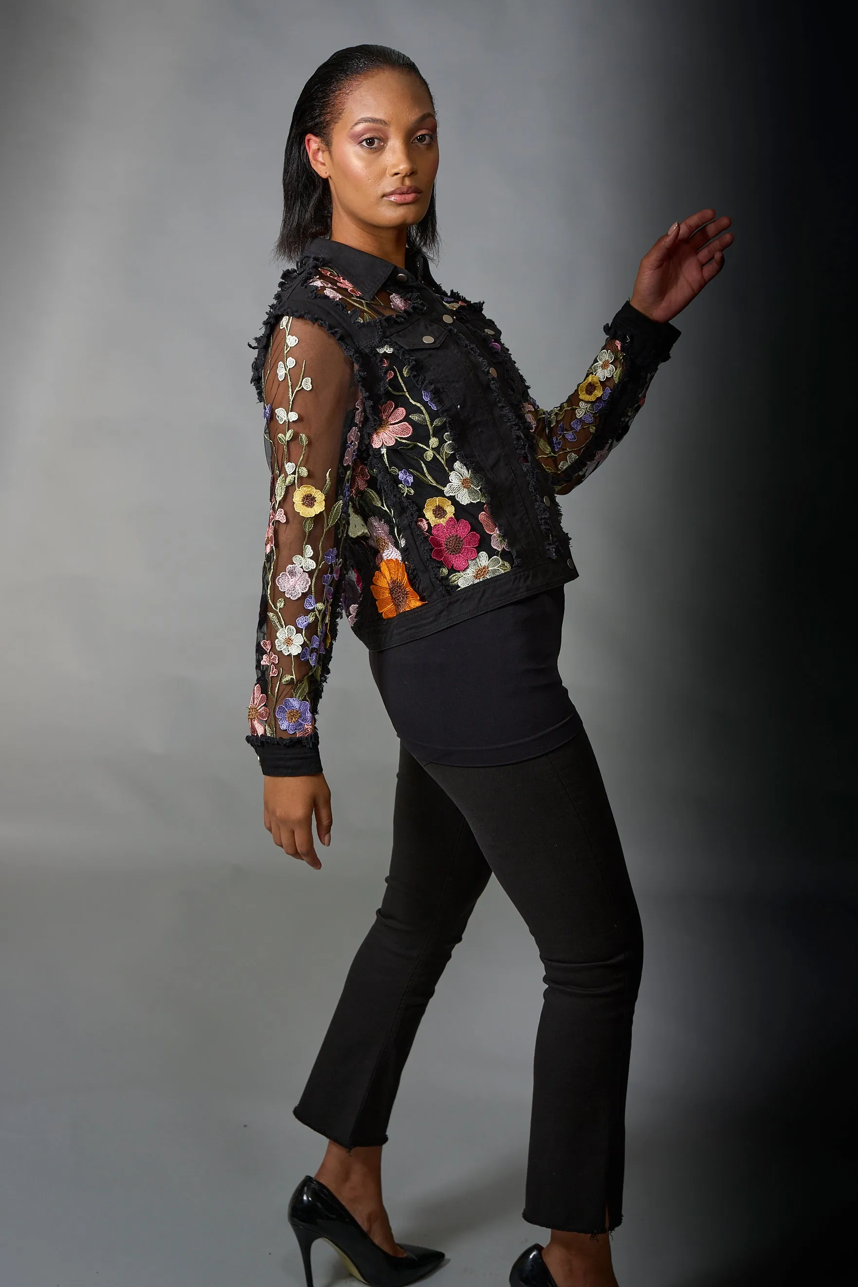 Adore, Denim Lace Jacket in 3D Floral Embroidery in Black
