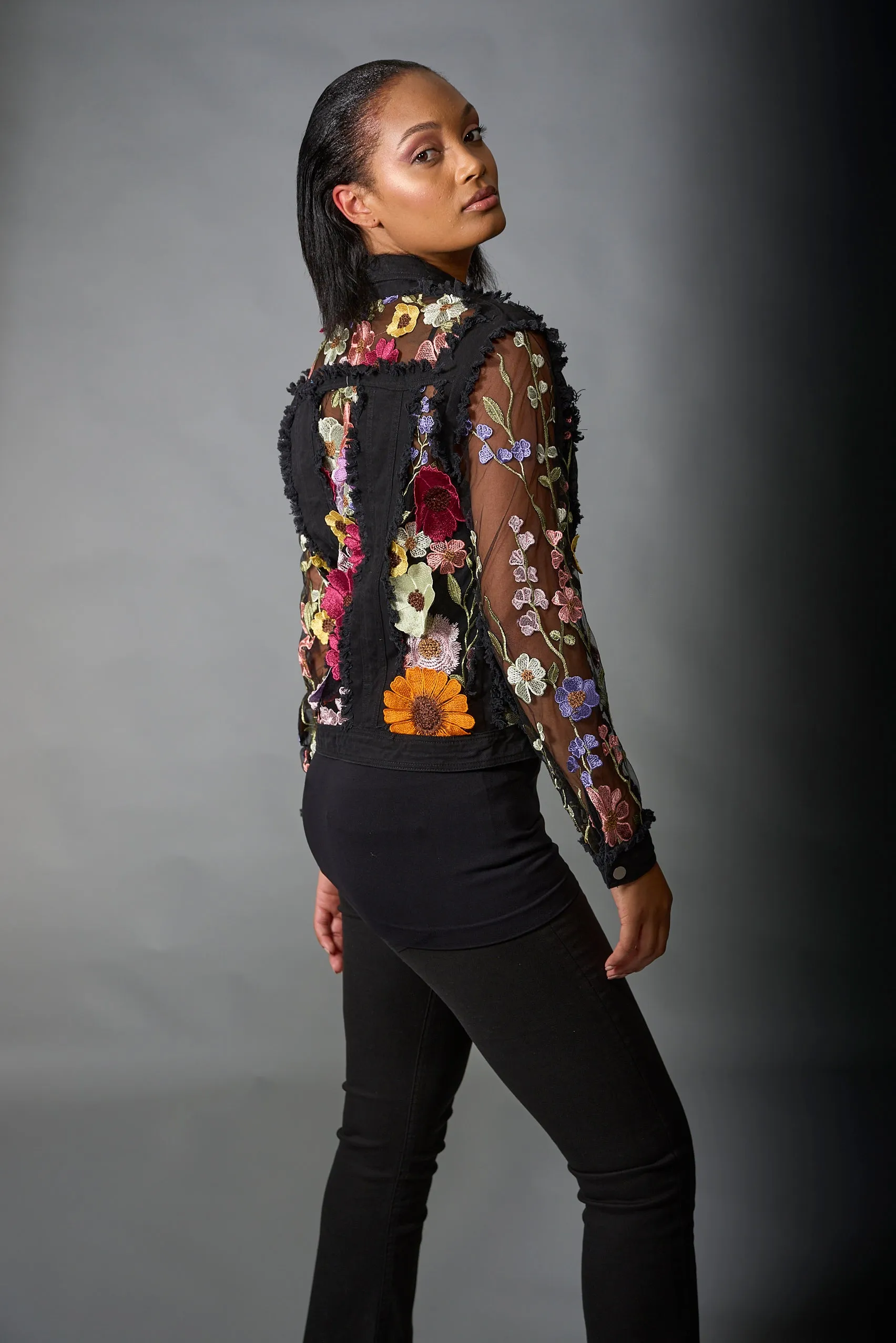 Adore, Denim Lace Jacket in 3D Floral Embroidery in Black