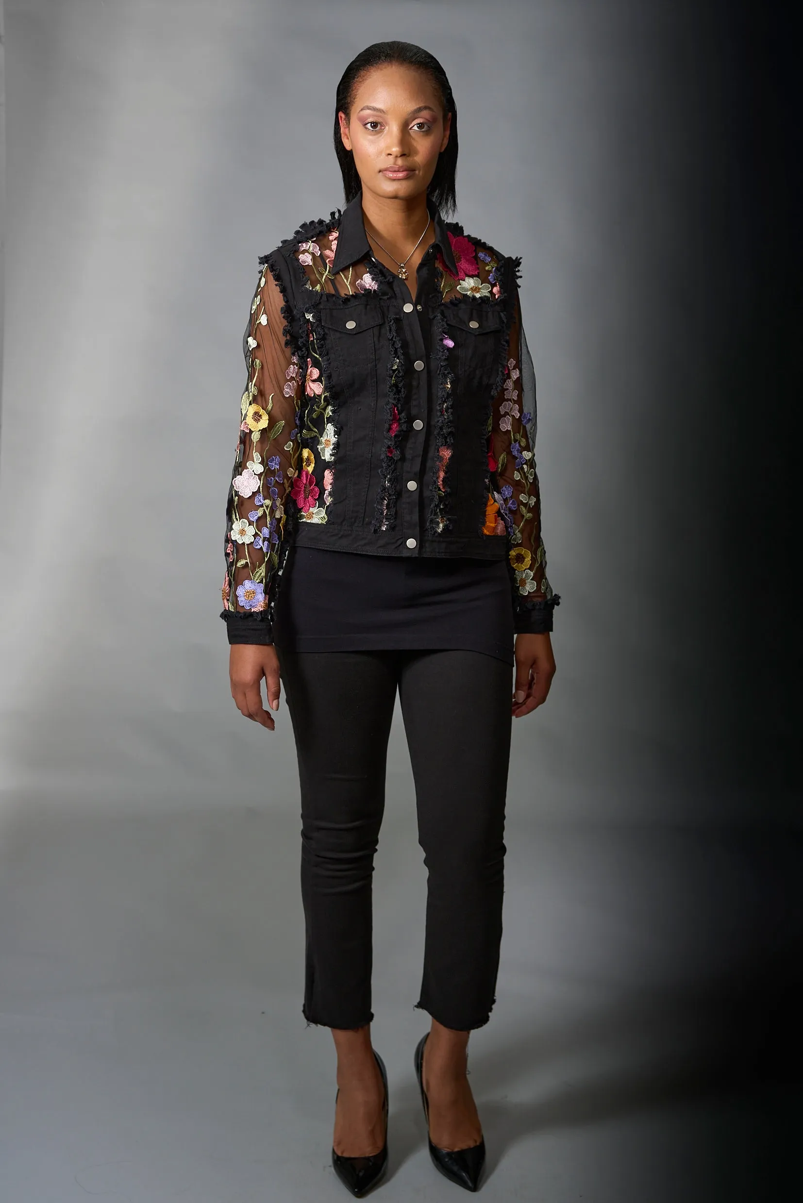Adore, Denim Lace Jacket in 3D Floral Embroidery in Black