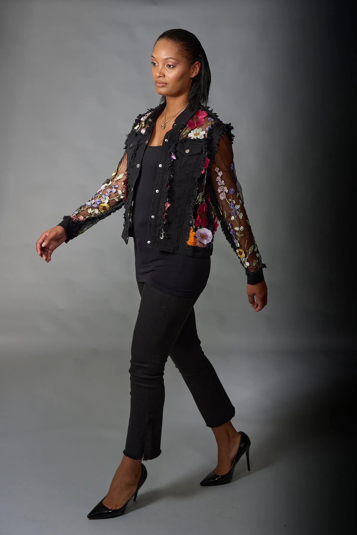 Adore, Denim Lace Jacket in 3D Floral Embroidery in Black