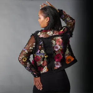 Adore, Denim Lace Jacket in 3D Floral Embroidery in Black