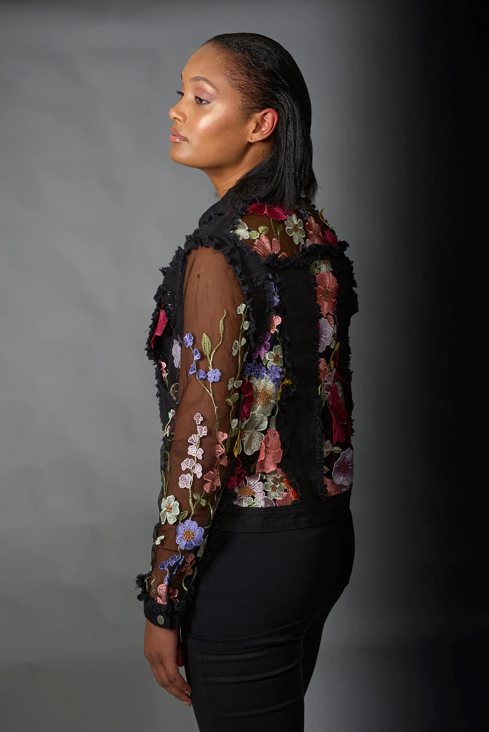 Adore, Denim Lace Jacket in 3D Floral Embroidery in Black