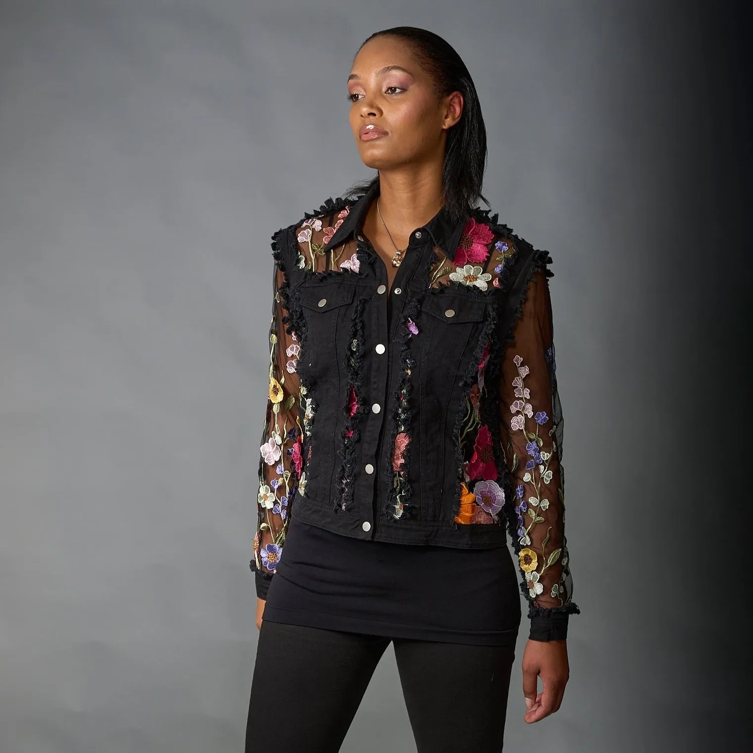 Adore, Denim Lace Jacket in 3D Floral Embroidery in Black
