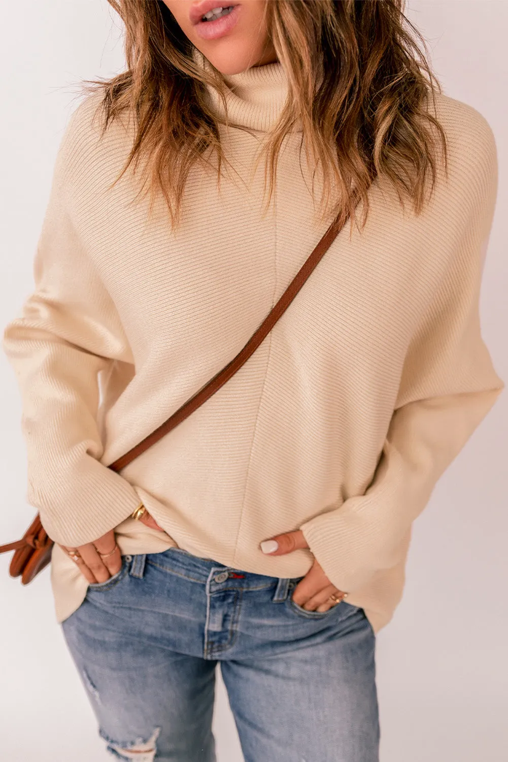Apricot Plain Turtleneck Drop Sleeve Ribbed Sweater