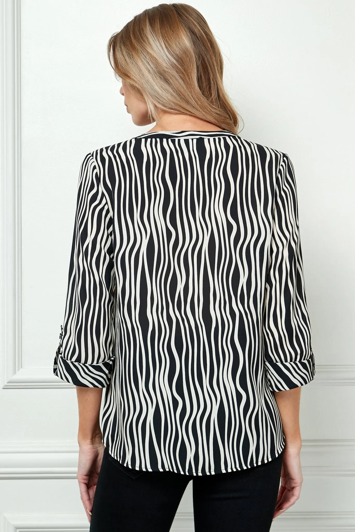 Black & White 3/4 Sleeve Button Front Top
