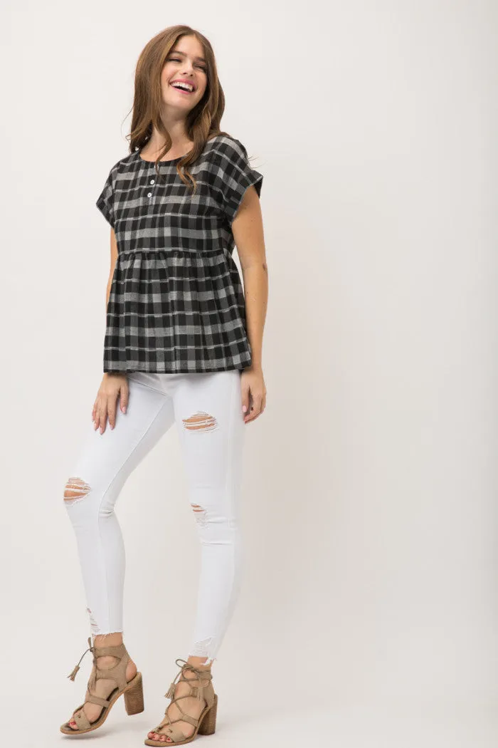 BLACK PLAID RUFFLED BUTTON FRONT TOP MRMTP7610