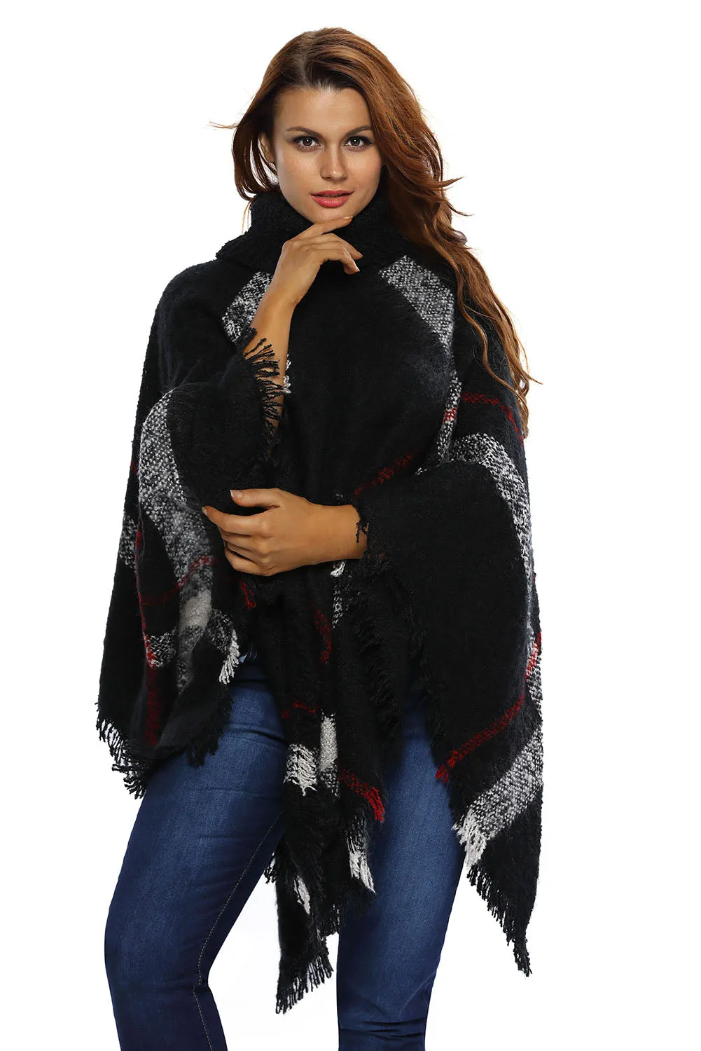 Black Turtleneck Tassel Cape Sweater