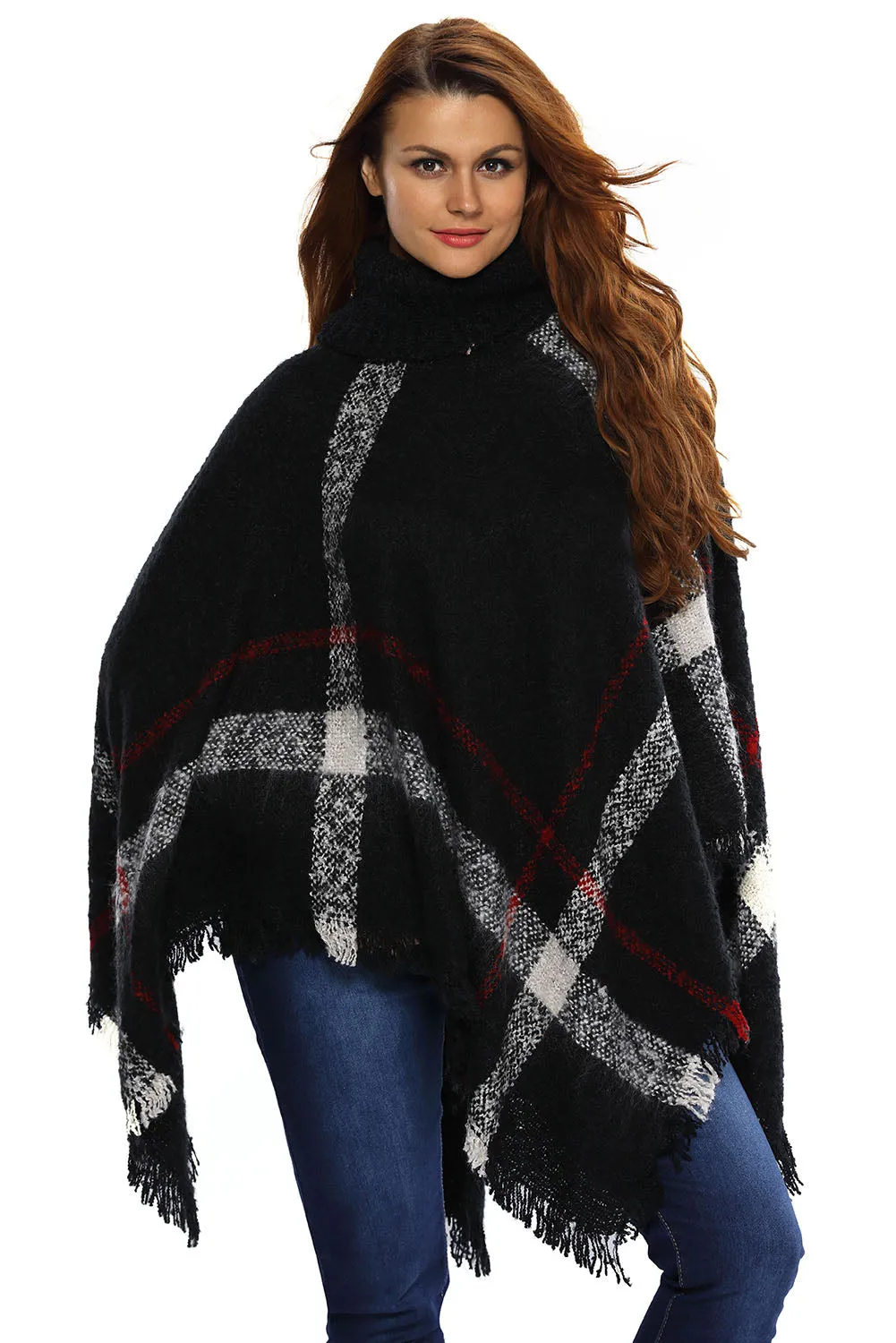 Black Turtleneck Tassel Cape Sweater