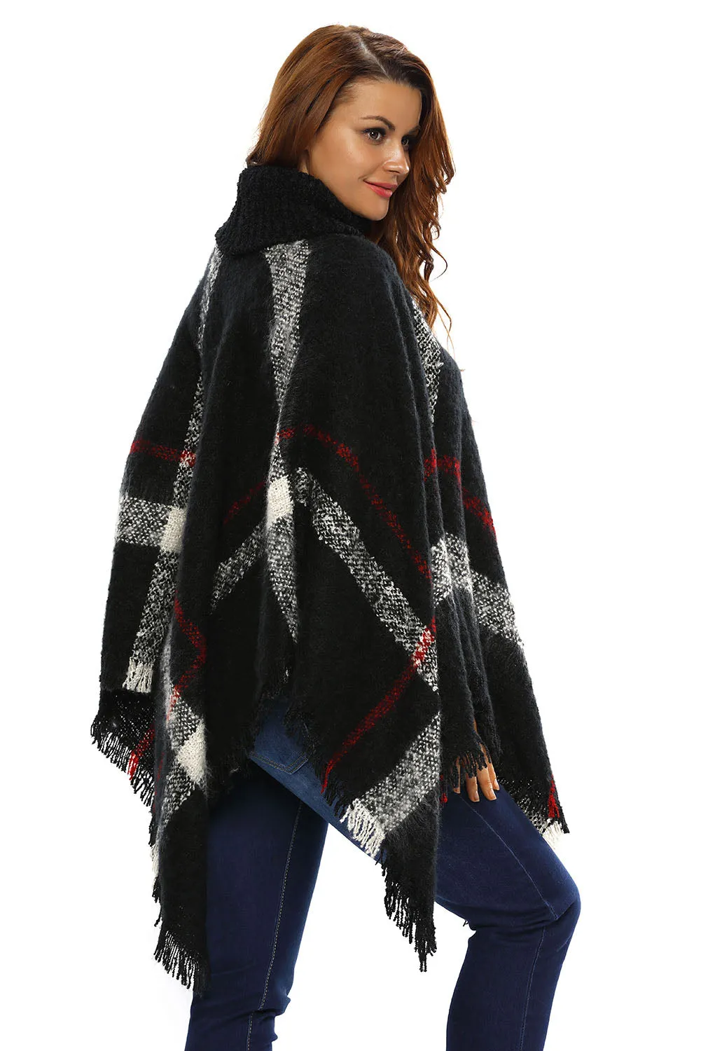 Black Turtleneck Tassel Cape Sweater