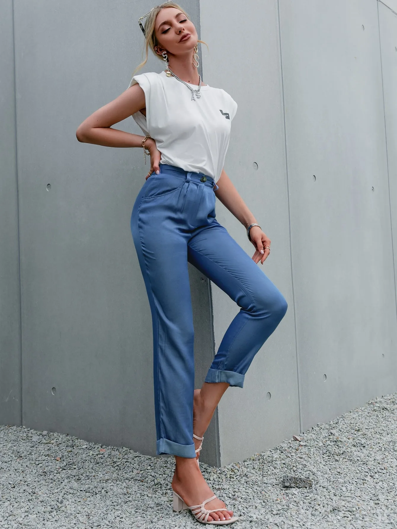 Blue High Waist Straight Leg Cuffed Pants by Sensual Fashion Boutique