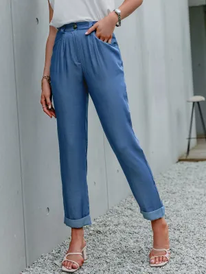 Blue High Waist Straight Leg Cuffed Pants by Sensual Fashion Boutique