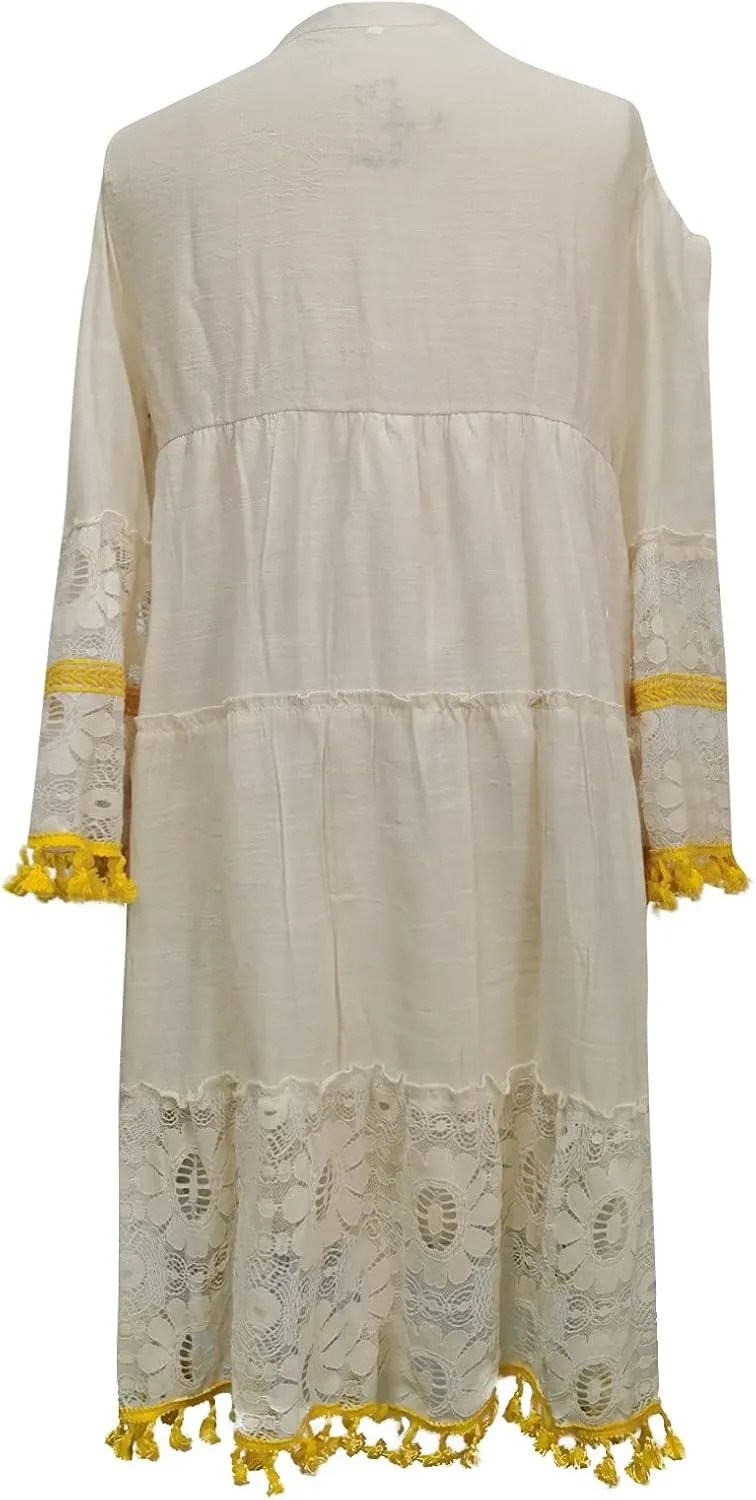 Boho Dress for Women,Elegant Fringe Sexy V Neck Cold Shoulder Long Sleeve Lace Flowy Plus Size Summer Mini Dress