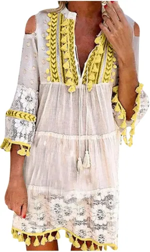 Boho Dress for Women,Elegant Fringe Sexy V Neck Cold Shoulder Long Sleeve Lace Flowy Plus Size Summer Mini Dress