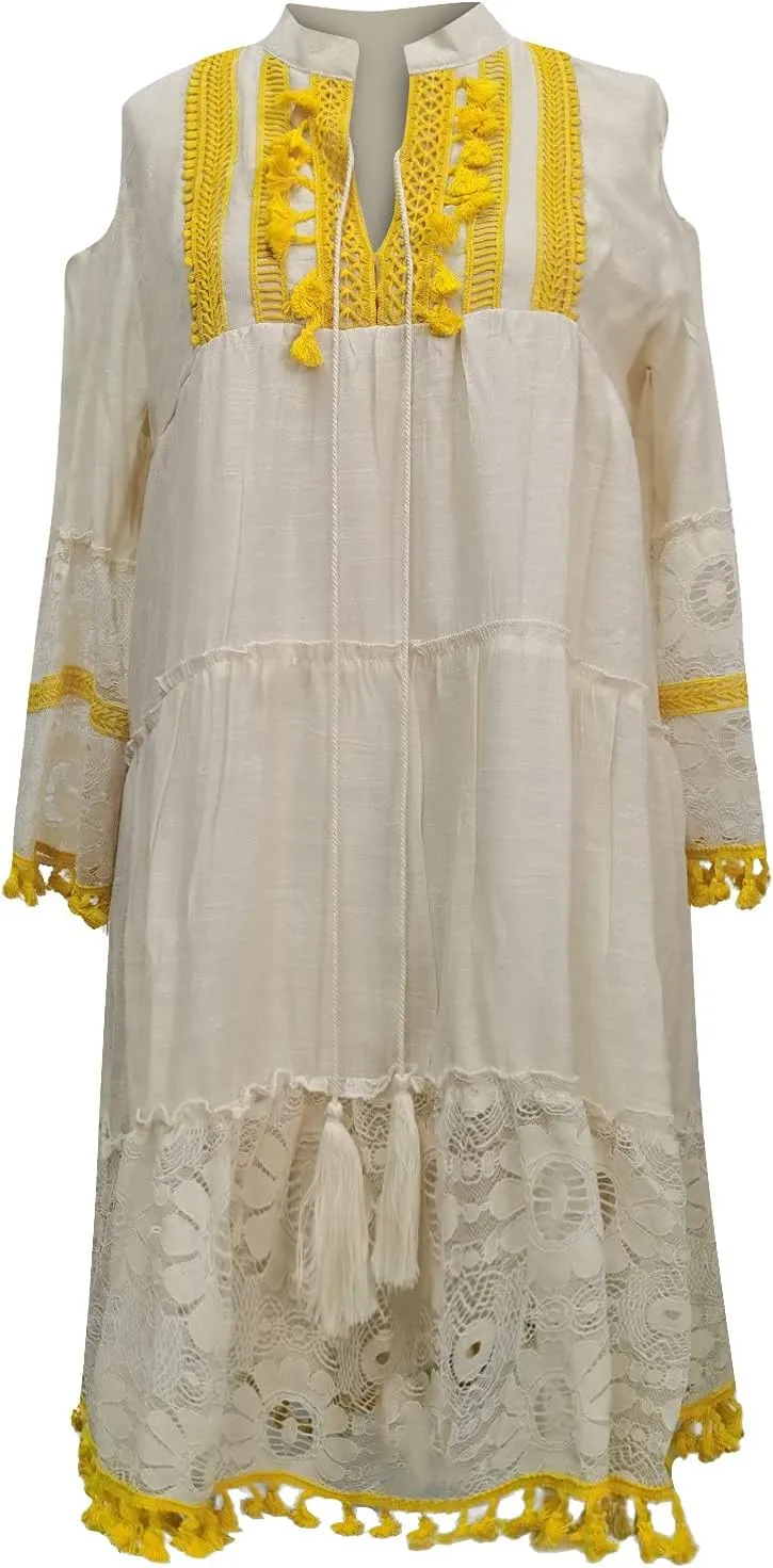 Boho Dress for Women,Elegant Fringe Sexy V Neck Cold Shoulder Long Sleeve Lace Flowy Plus Size Summer Mini Dress
