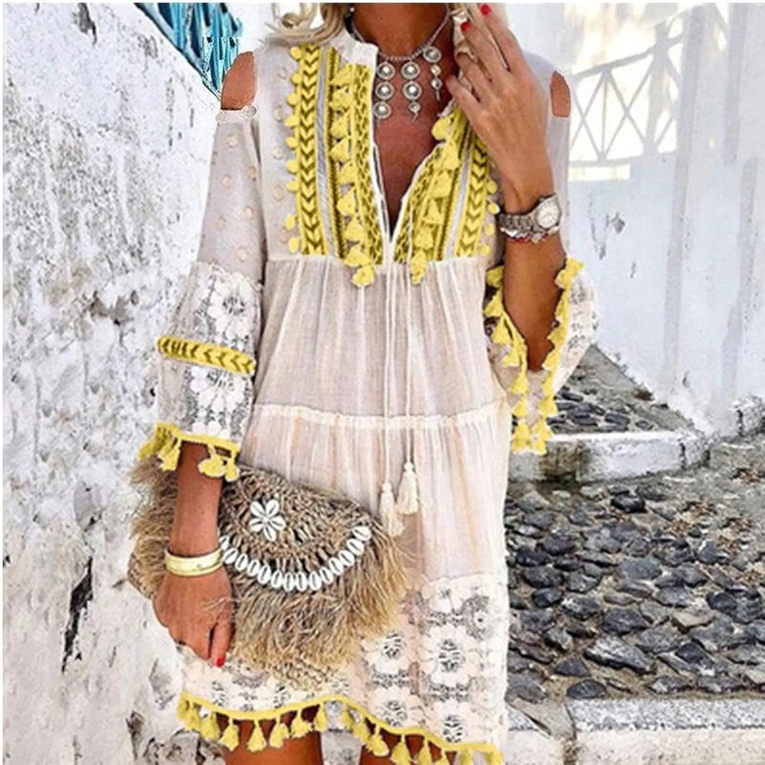 Boho Dress for Women,Elegant Fringe Sexy V Neck Cold Shoulder Long Sleeve Lace Flowy Plus Size Summer Mini Dress