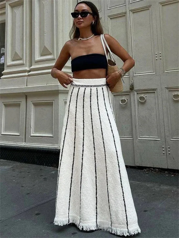 Bonnyshow  Striped Knitted Long Skirt Women Summer Tassel High Waist Maxi Skirts Women's Autumn Street Elegant Loose Skirts Female