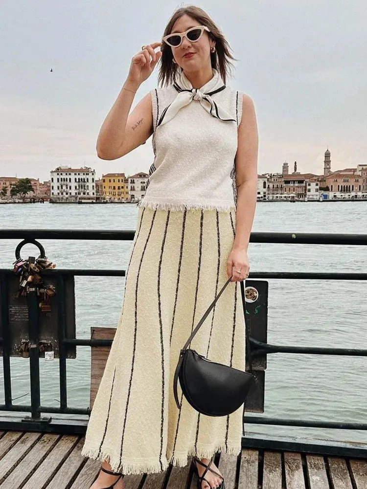 Bonnyshow  Striped Knitted Long Skirt Women Summer Tassel High Waist Maxi Skirts Women's Autumn Street Elegant Loose Skirts Female