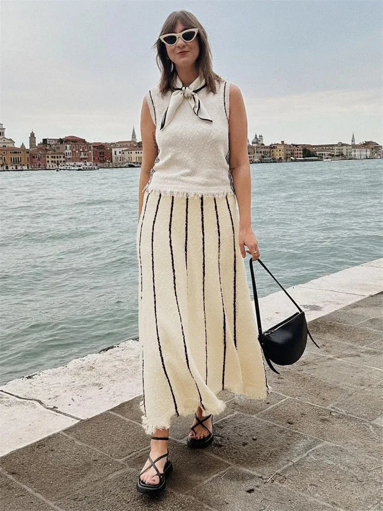 Bonnyshow  Striped Knitted Long Skirt Women Summer Tassel High Waist Maxi Skirts Women's Autumn Street Elegant Loose Skirts Female