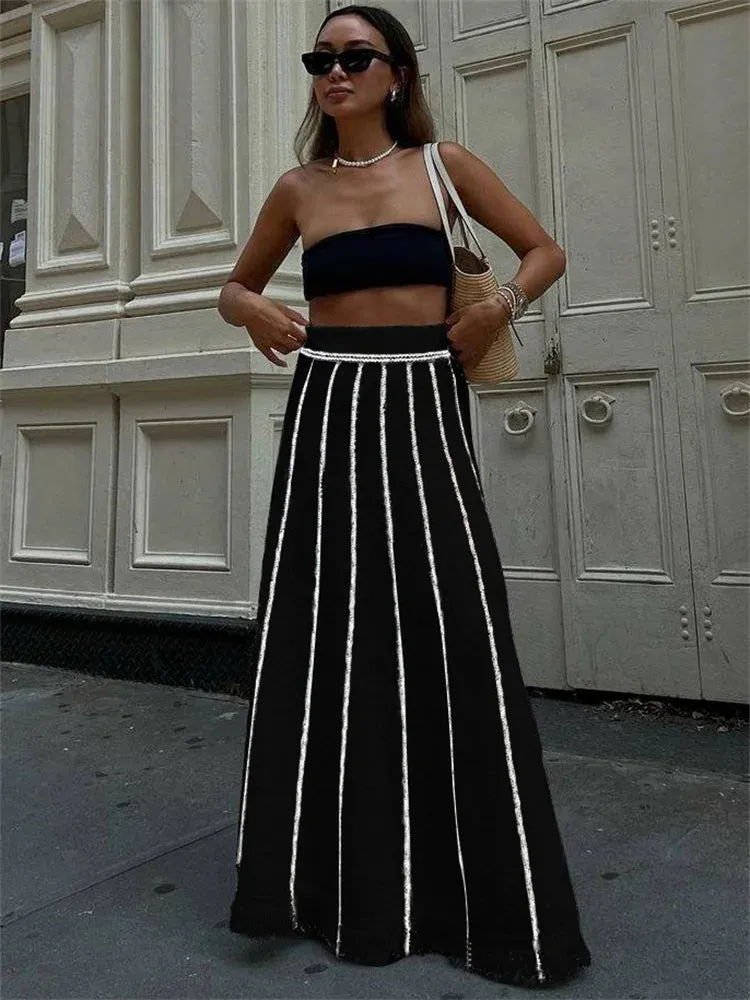 Bonnyshow  Striped Knitted Long Skirt Women Summer Tassel High Waist Maxi Skirts Women's Autumn Street Elegant Loose Skirts Female