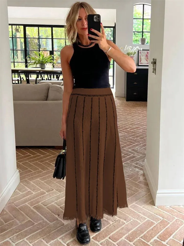 Bonnyshow  Striped Knitted Long Skirt Women Summer Tassel High Waist Maxi Skirts Women's Autumn Street Elegant Loose Skirts Female