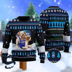 Bulldog Drink Bud Light Beer Christmas Ugly Sweater