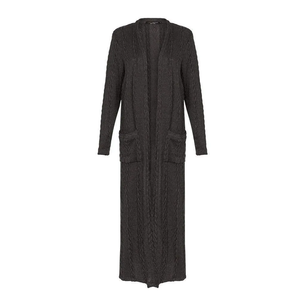Cable Knit Long Cardigan - Charcoal