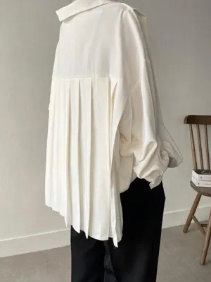 Chicmy-Simple Long Sleeves Loose Buttoned Pleated Solid Color Lapel Collar Blouses&Shirts Tops