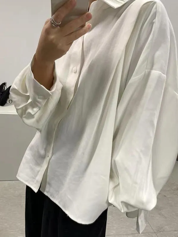 Chicmy-Simple Long Sleeves Loose Buttoned Pleated Solid Color Lapel Collar Blouses&Shirts Tops