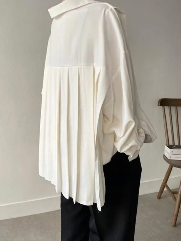 Chicmy-Simple Long Sleeves Loose Buttoned Pleated Solid Color Lapel Collar Blouses&Shirts Tops