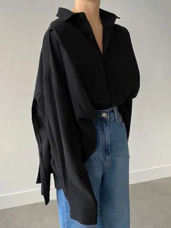 Chicmy-Simple Long Sleeves Loose Buttoned Pleated Solid Color Lapel Collar Blouses&Shirts Tops