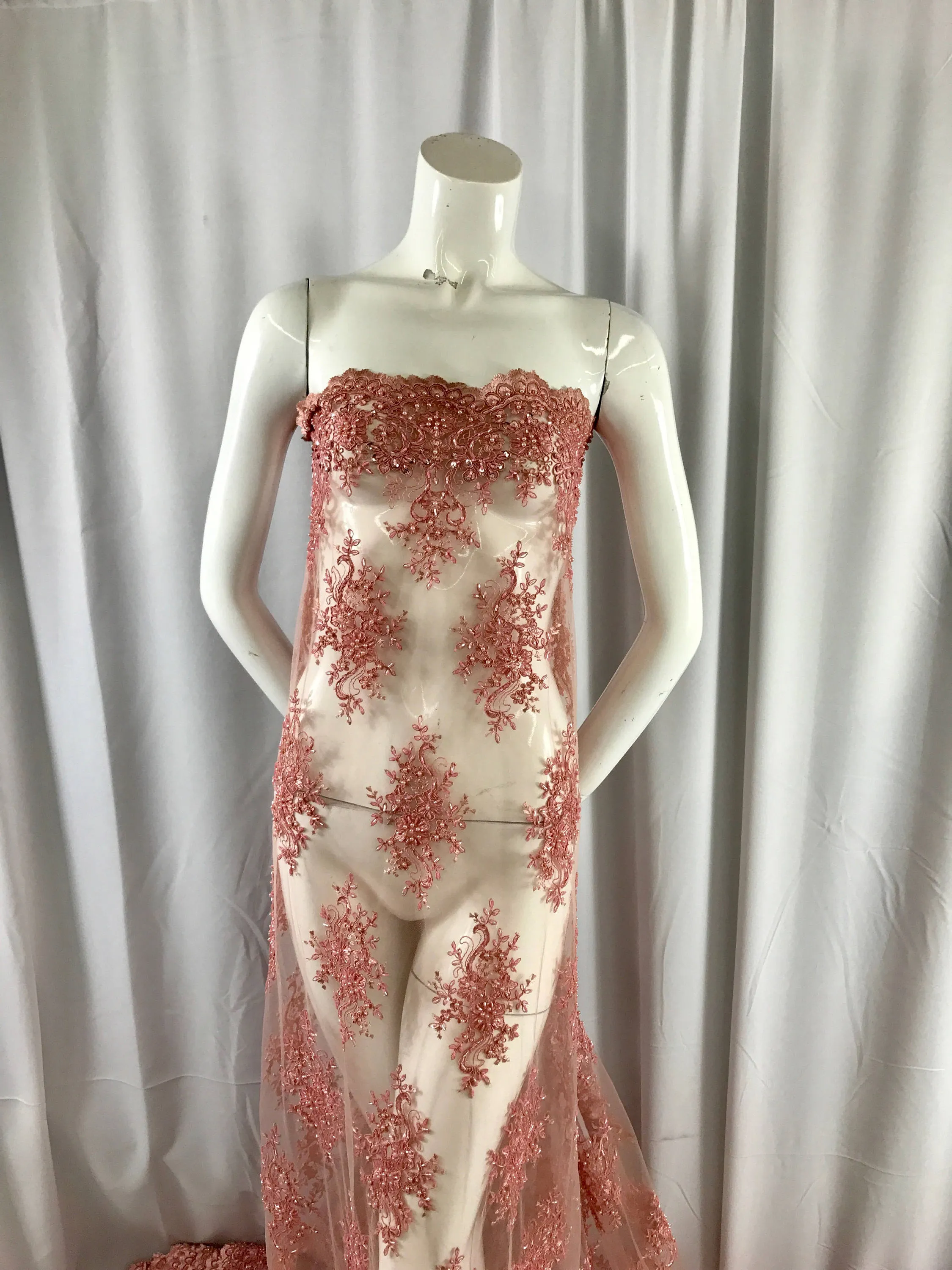 Dusty rose marvelous design embroider and beaded on a mesh lace-prom-nightgown-decorations-dresses-fashion-apparel-sold by the yard.