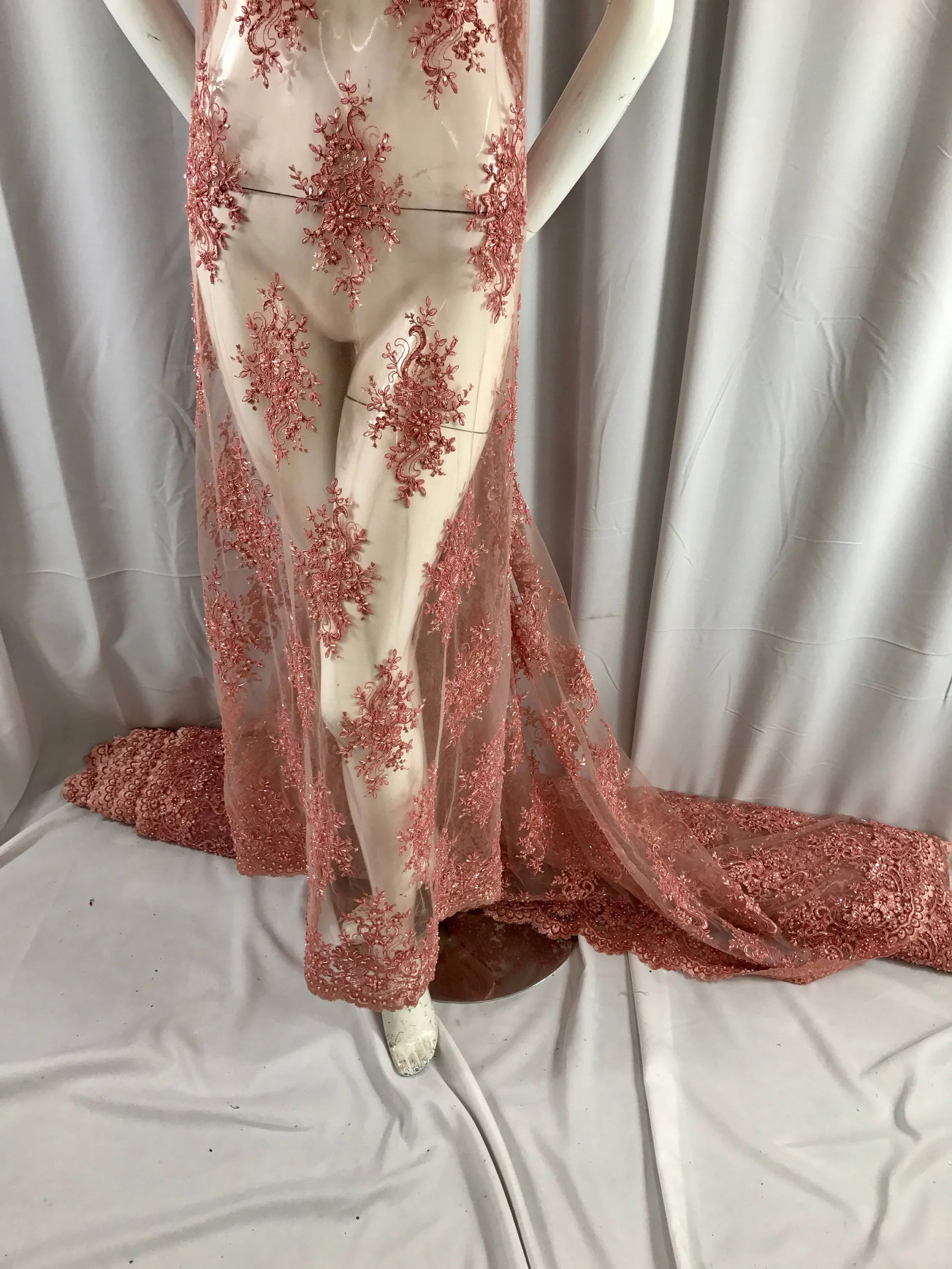 Dusty rose marvelous design embroider and beaded on a mesh lace-prom-nightgown-decorations-dresses-fashion-apparel-sold by the yard.