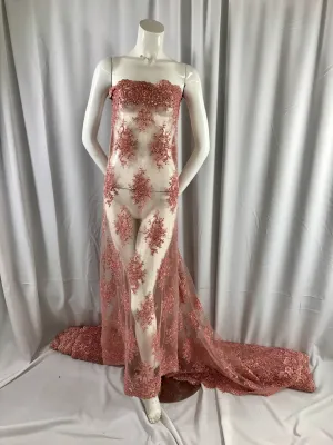 Dusty rose marvelous design embroider and beaded on a mesh lace-prom-nightgown-decorations-dresses-fashion-apparel-sold by the yard.