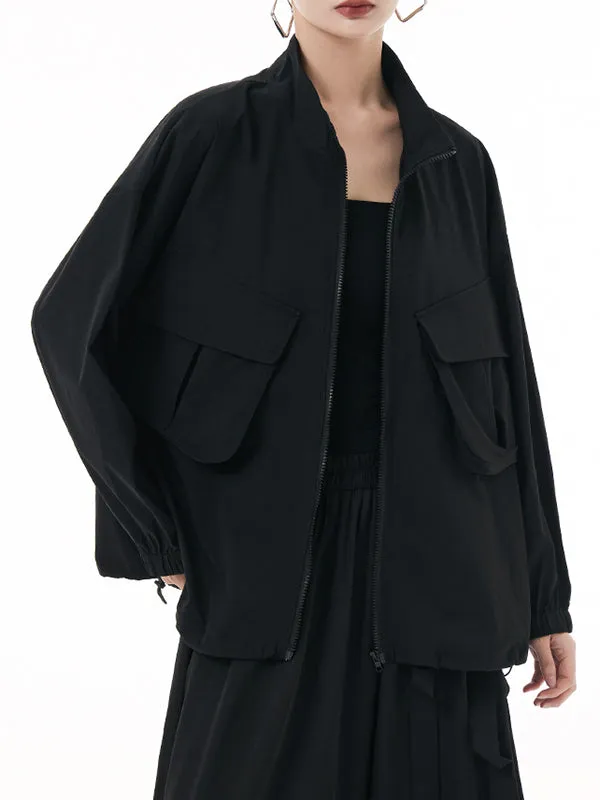 Elasticity Pockets Solid Color Zipper Long Sleeves Loose Outerwear Jackets