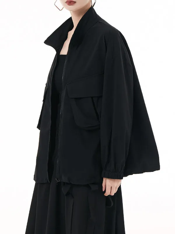 Elasticity Pockets Solid Color Zipper Long Sleeves Loose Outerwear Jackets