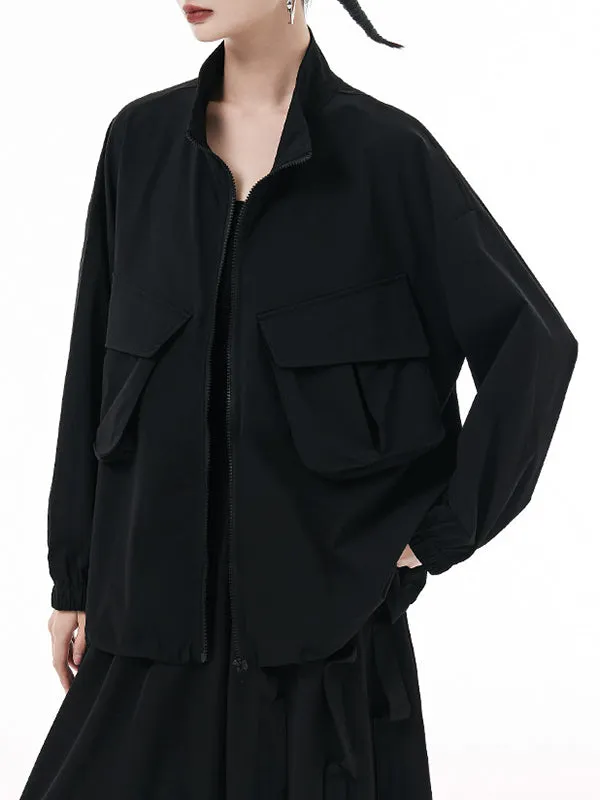 Elasticity Pockets Solid Color Zipper Long Sleeves Loose Outerwear Jackets
