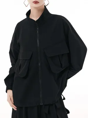 Elasticity Pockets Solid Color Zipper Long Sleeves Loose Outerwear Jackets