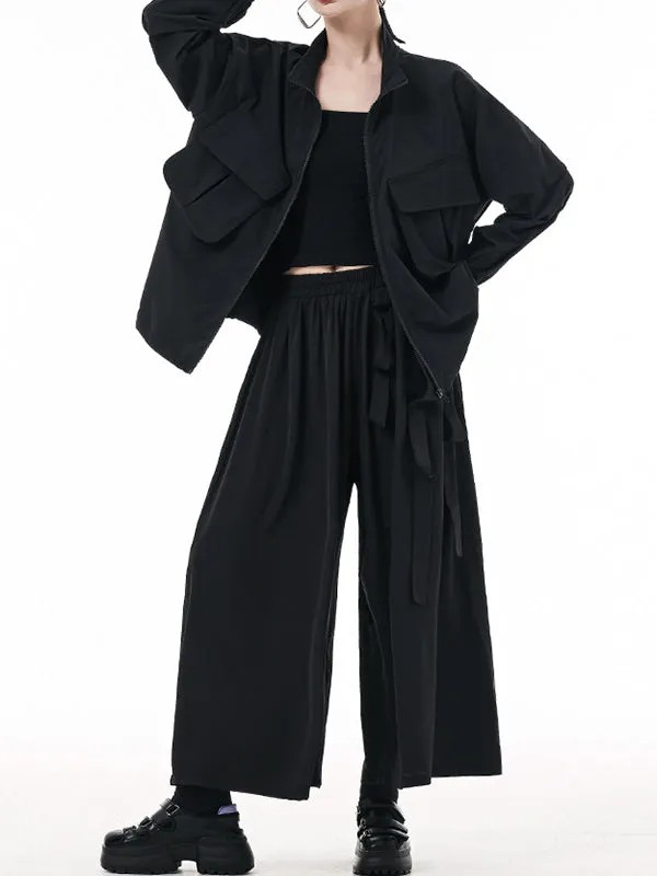Elasticity Pockets Solid Color Zipper Long Sleeves Loose Outerwear Jackets