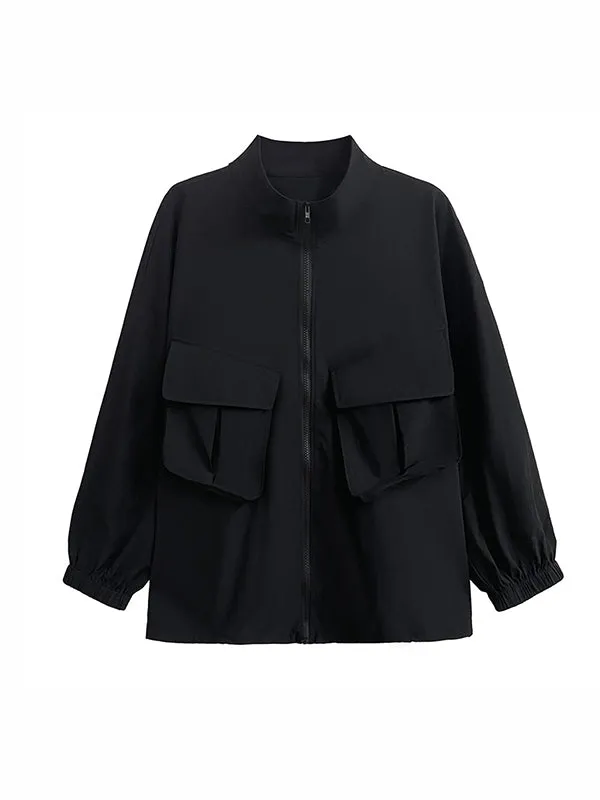 Elasticity Pockets Solid Color Zipper Long Sleeves Loose Outerwear Jackets