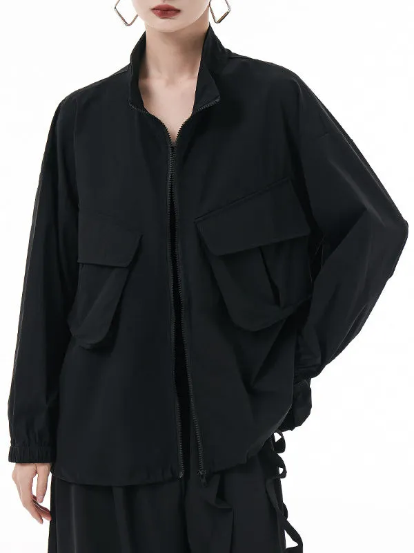 Elasticity Pockets Solid Color Zipper Long Sleeves Loose Outerwear Jackets