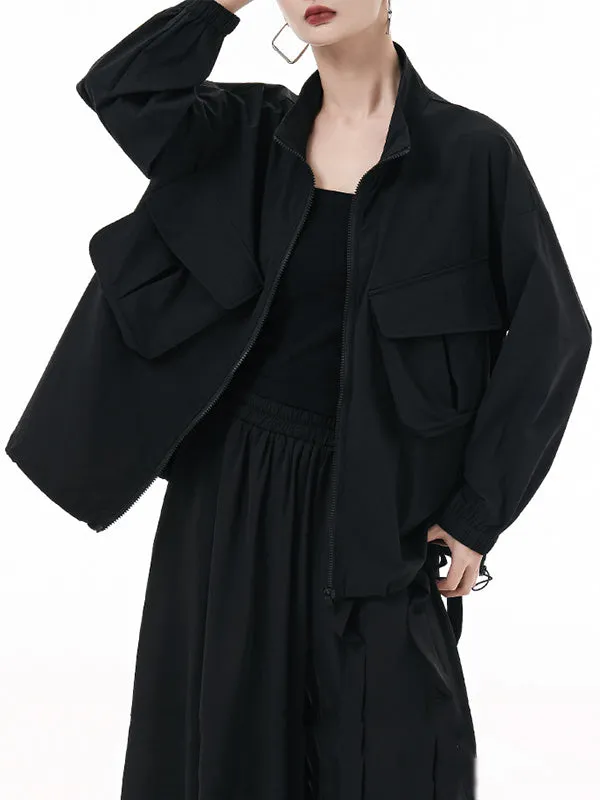 Elasticity Pockets Solid Color Zipper Long Sleeves Loose Outerwear Jackets