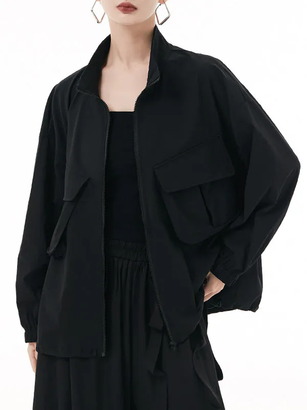 Elasticity Pockets Solid Color Zipper Long Sleeves Loose Outerwear Jackets