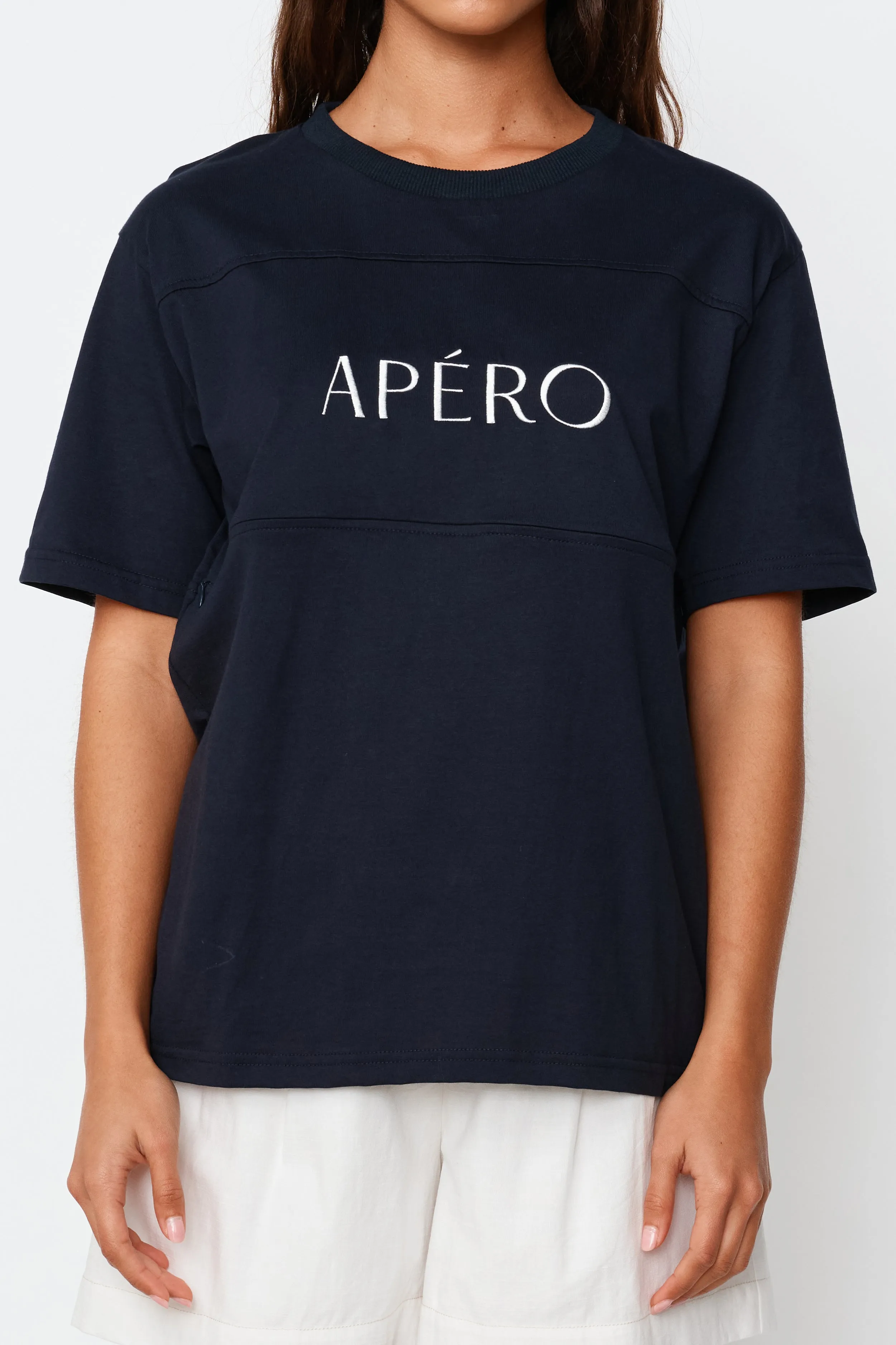 Essential Embroidered Panel Tee - Navy / White