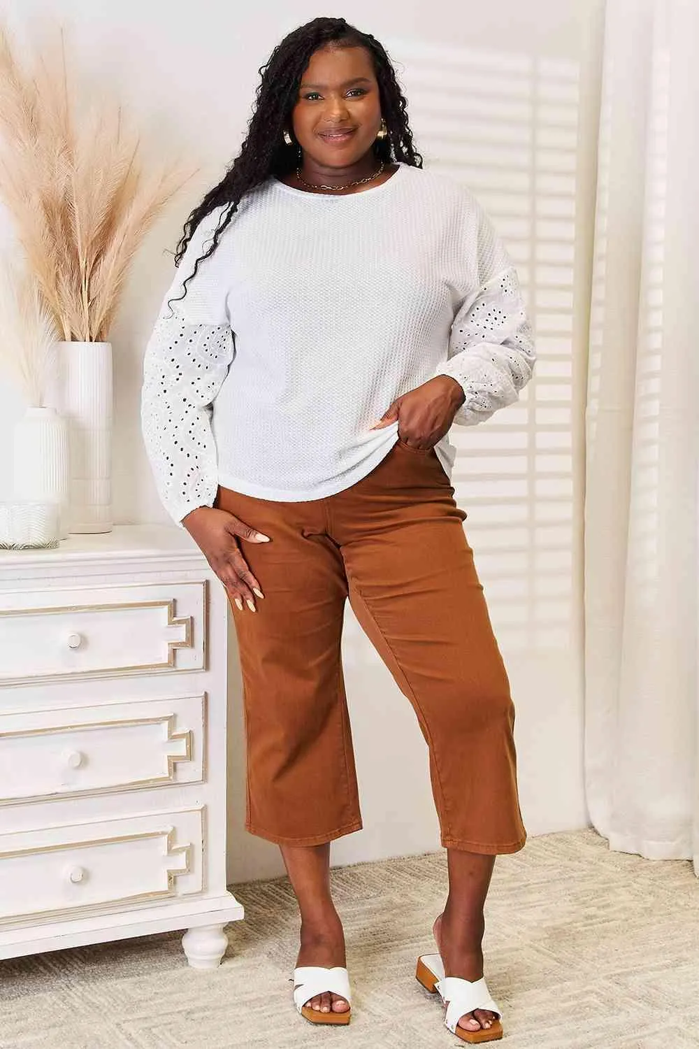 Eyelet Accent White Long Sleeve Blouse