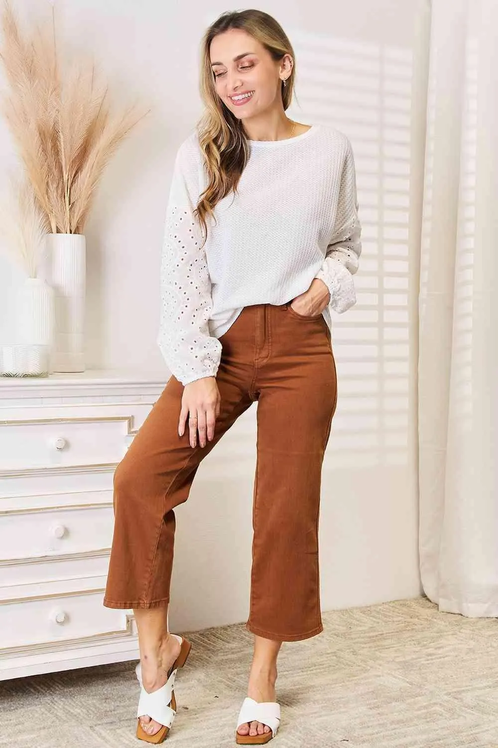 Eyelet Accent White Long Sleeve Blouse