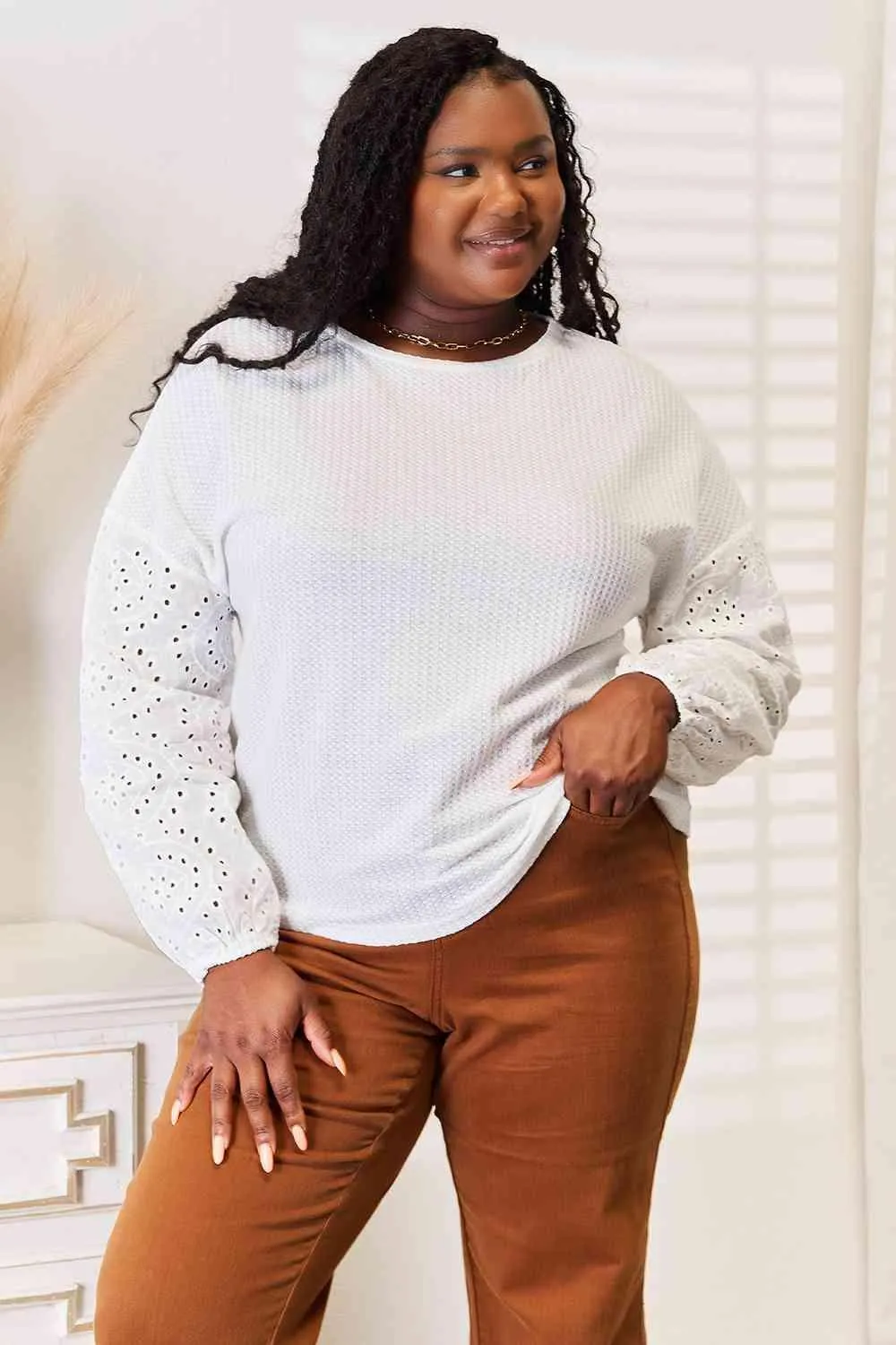 Eyelet Accent White Long Sleeve Blouse